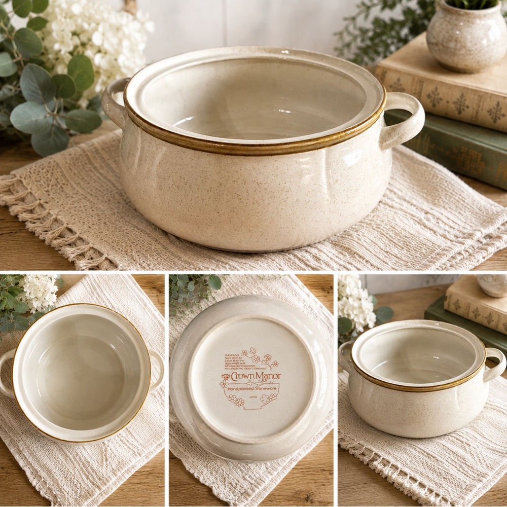 Vintage Crown Manor 10” Stoneware Serving Bowl with Gold Rim and Handles
